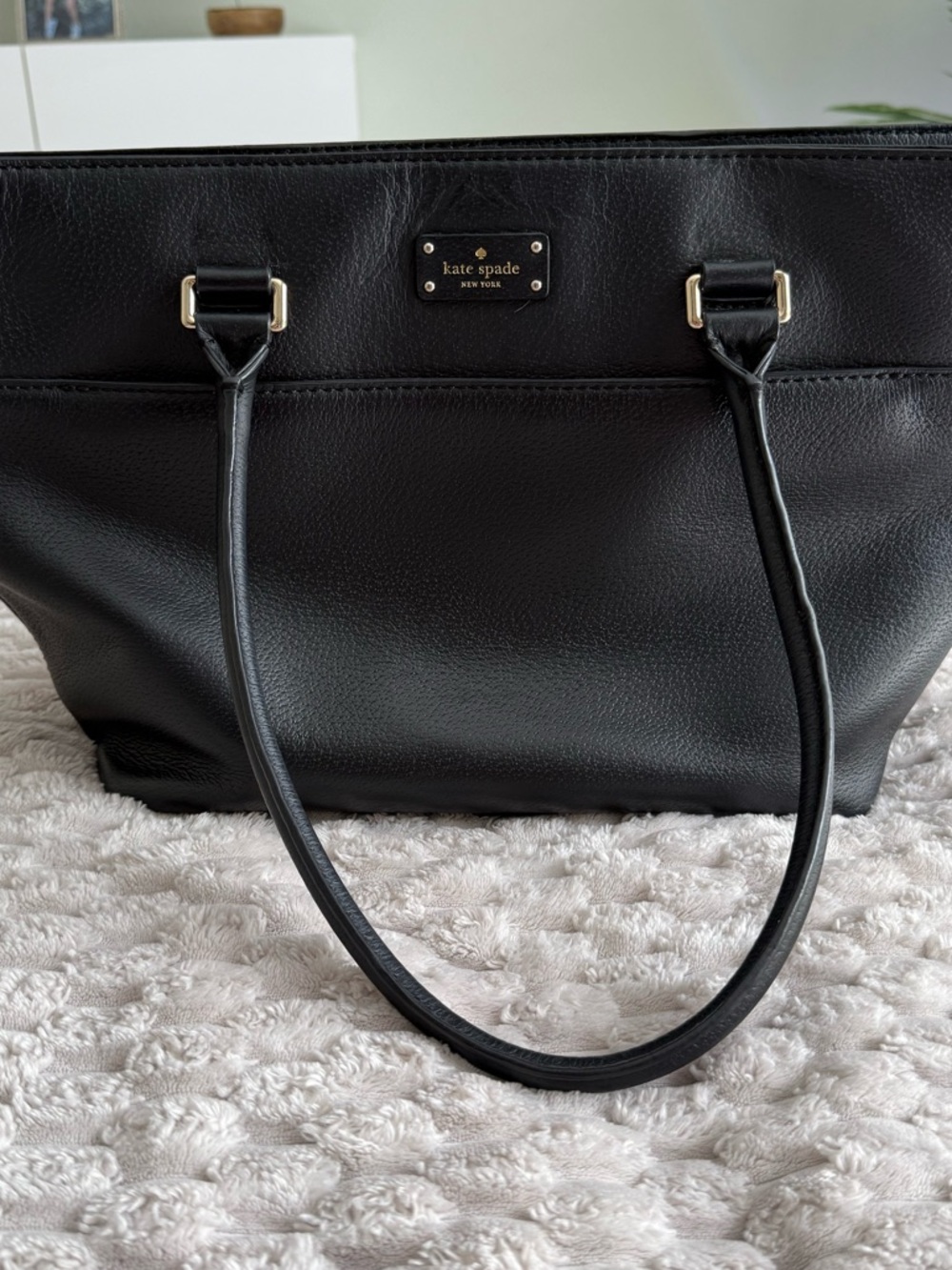 kate spade Black Pebble Leather Tote with Gold Plaque
